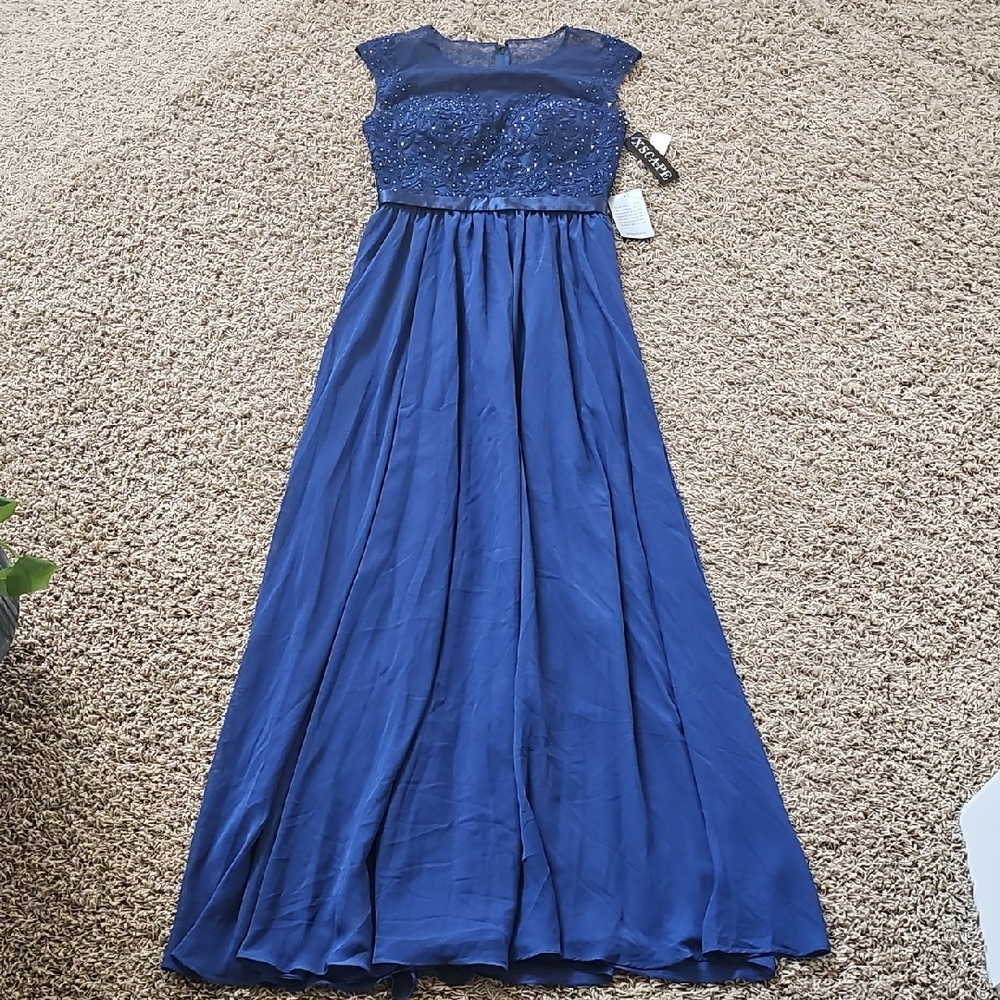 NWT Xscape Blue Evening Gown Lace Maxi Formal 4 Illusion Bodice Formal Dress